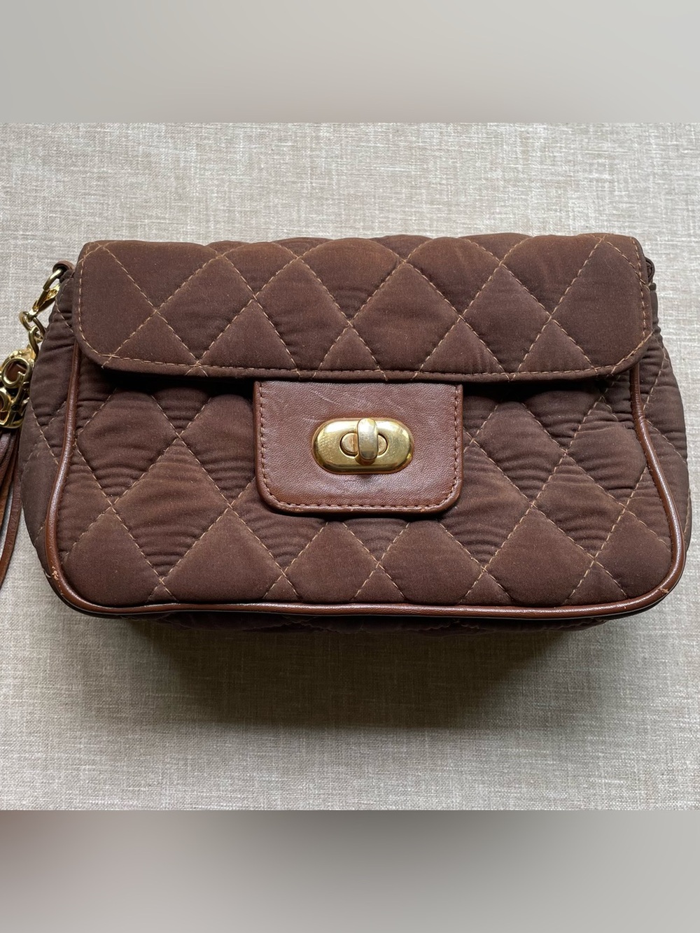 Quilted Brown Crossbody Bag Leather Interior Gold Chain Tassel Turn Lock